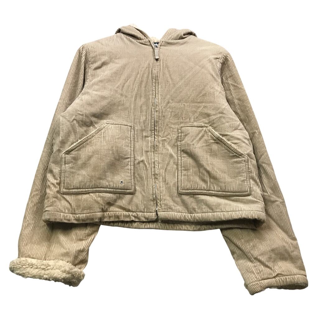 Vintage Outer Edge Sherpa Lined Corduroy Jacket Hoodie Womens Large L Tan